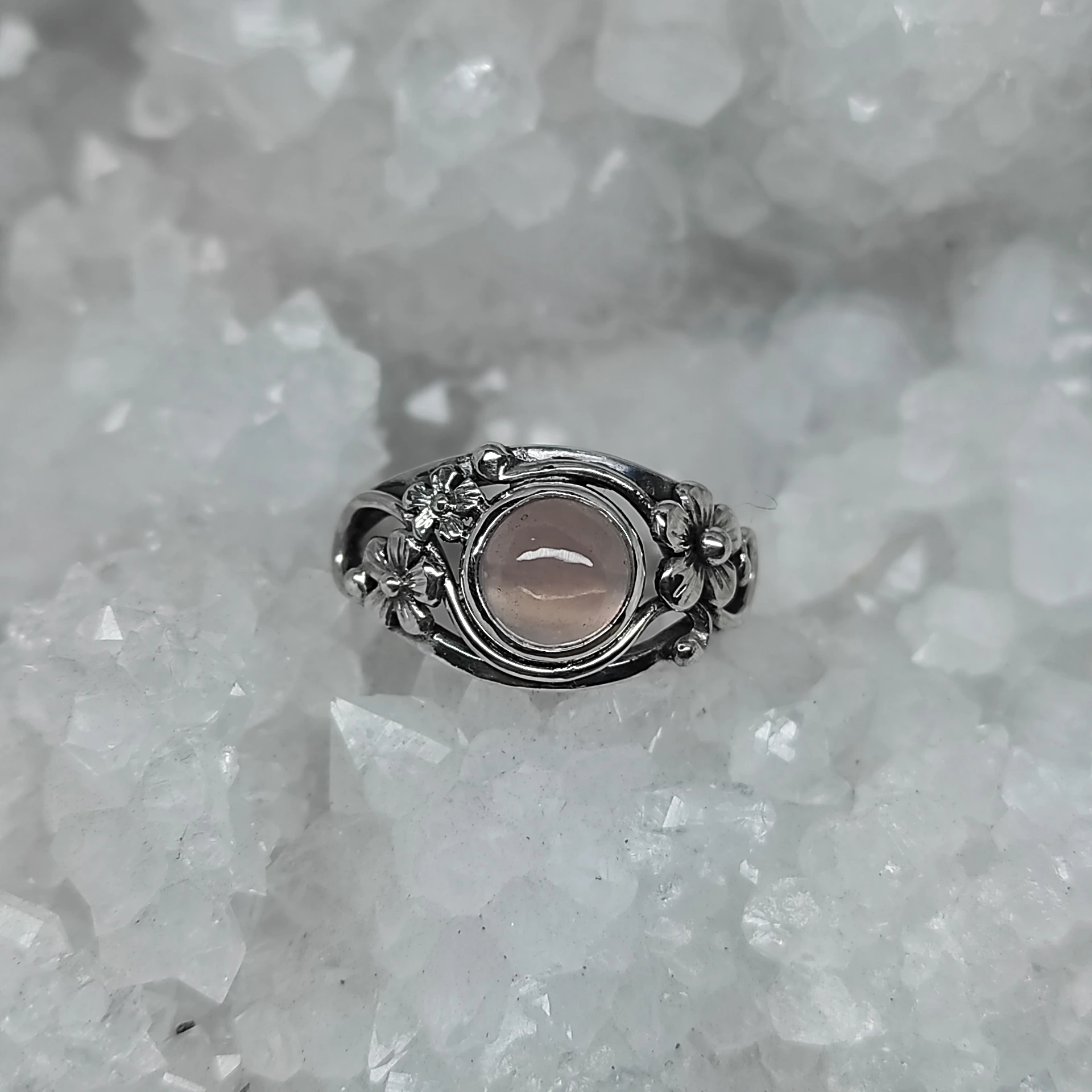 Bague fleurs quartz rose
